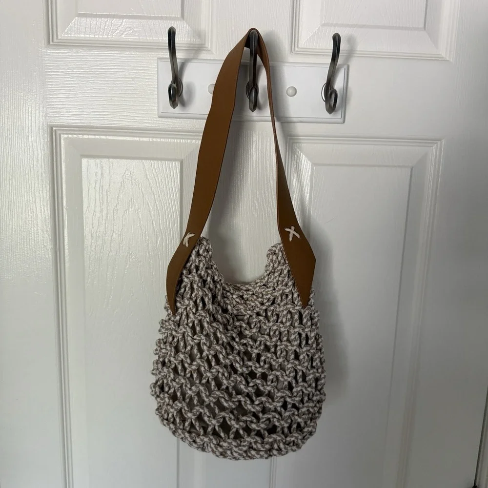 Motf Macrame Fabric Faux Leather Shoulder Hobo Bag Purse Cream Brown Handbag